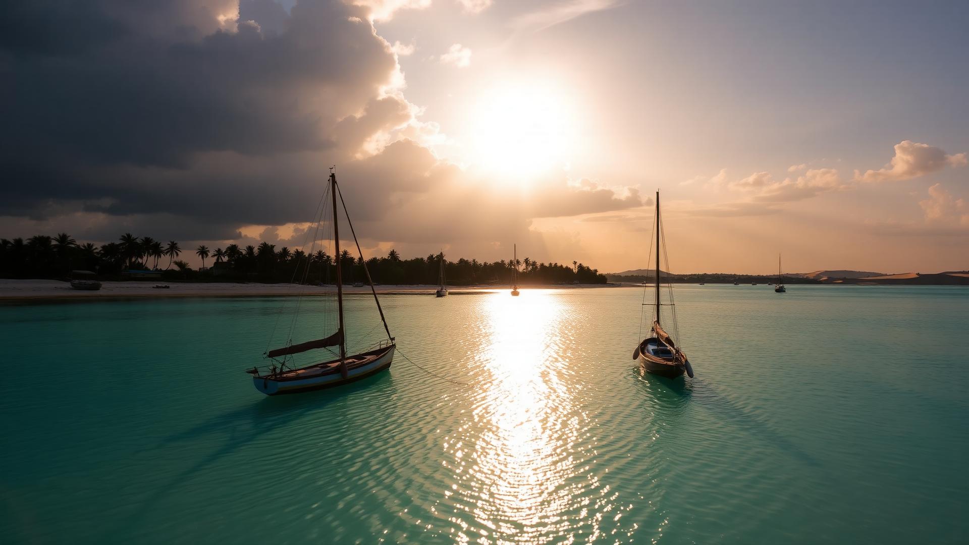 Jangadas na lagoa rasa ao pôr do sol