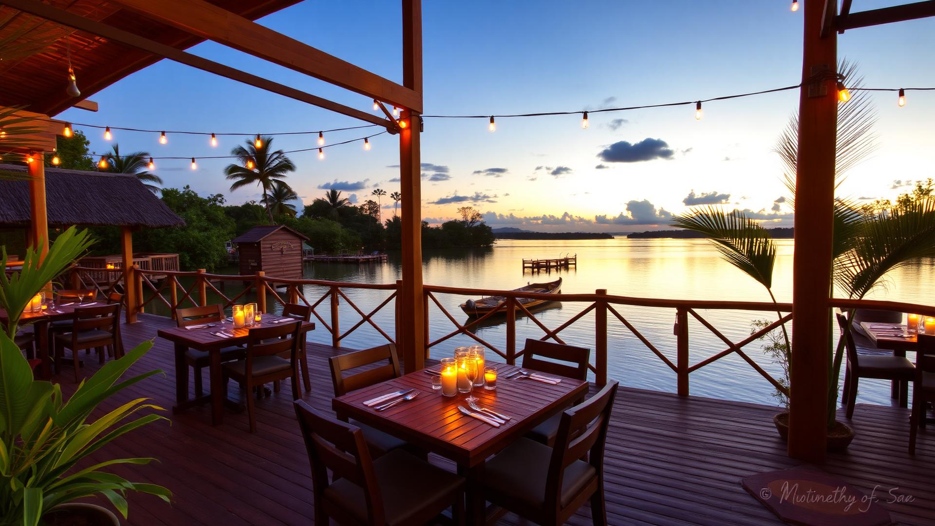 Deck do restaurante de frente para a lagoa ao anoitecer